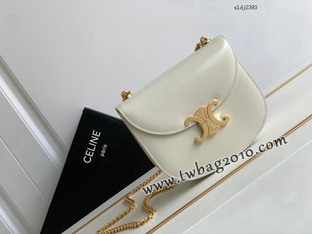 Celine專櫃2023新品TEEN BESACE TRIOMPHE鏈條亮澤牛皮革手袋 賽琳白色全皮凱旋門馬鞍包 sldj2393