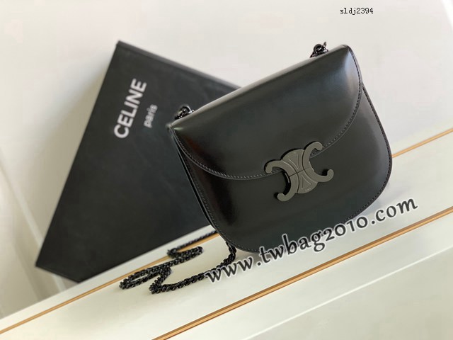 Celine專櫃2023新品TEEN BESACE TRIOMPHE鏈條亮澤牛皮革手袋 賽琳黑色全皮凱旋門馬鞍包 sldj2394