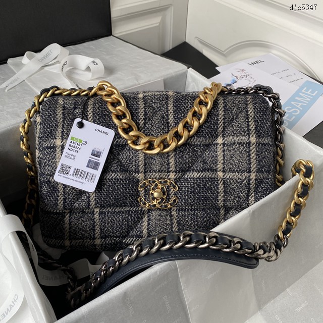 Chanel專櫃秋冬系列19bag AS1161毛呢印花 香奈兒三拼色五金鏈條單肩斜挎手提女包 djc5347