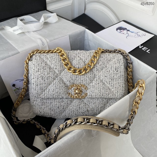 Chanel專櫃秋冬系列19bag AS1160毛呢印花 香奈兒三拼色五金鏈條單肩斜挎手提女包 djc5350
