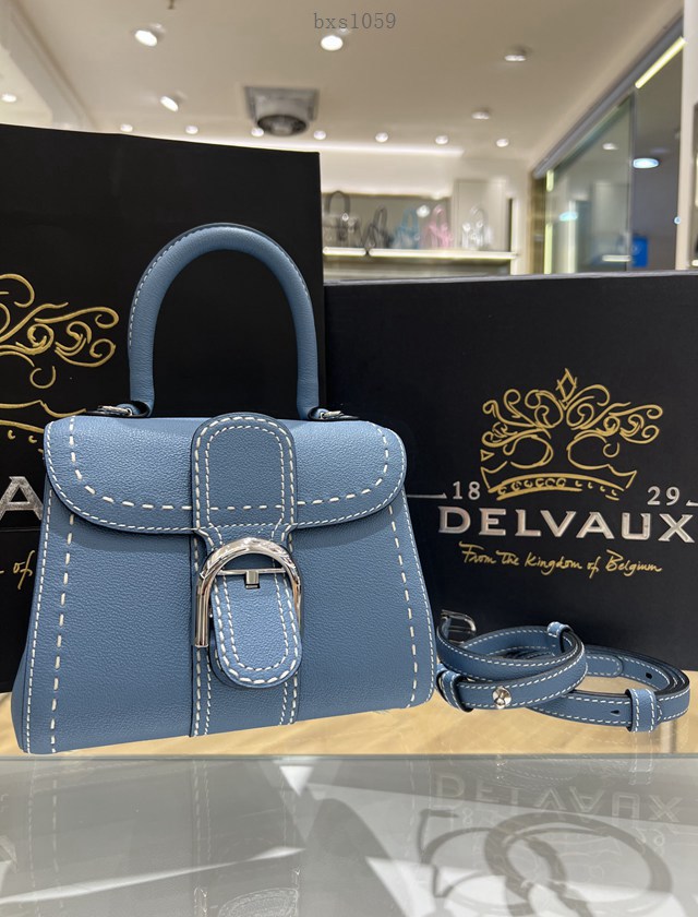 Delvaux太平洋藍外縫線全新mini手提女包 德爾沃專櫃經典款焦糖色BrillantPM包袋 bxs1059