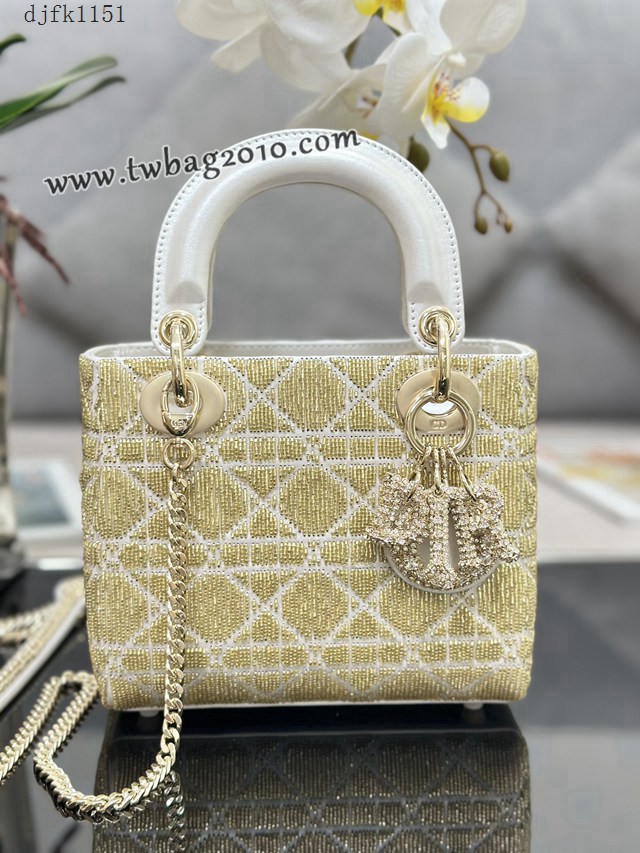 Dior专柜新款Lady女包迪奥顶级原单Lady三格刺绣限量珠管金色手提包 djfk1151