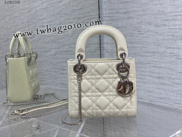 Dior专柜新款Lady女包迪奥顶级原单三格白色漆皮银扣Classic Lady戴妃包 djfk1209