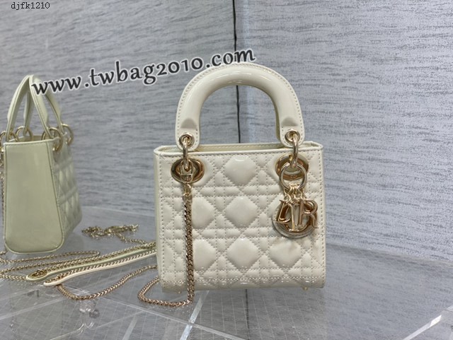 Dior专柜新款Lady女包迪奥顶级原单三格白色漆皮金扣Classic Lady戴妃包 djfk1210