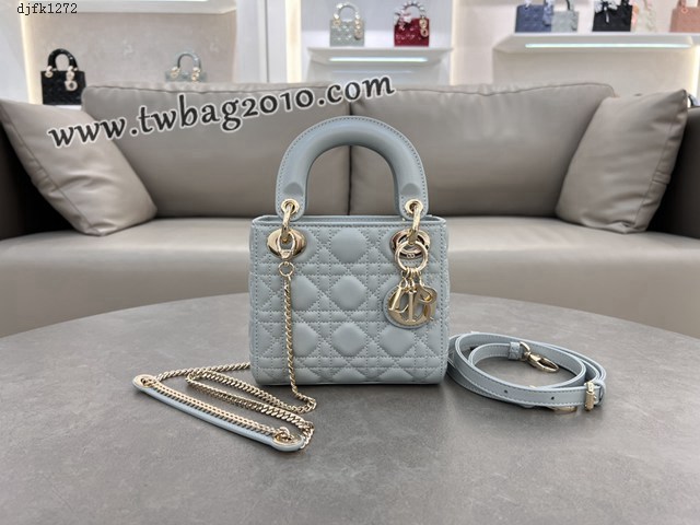 Dior专柜新款Lady女包迪奥高仿原单三格羊皮湖蓝Classic Lady戴妃包 djfk1272