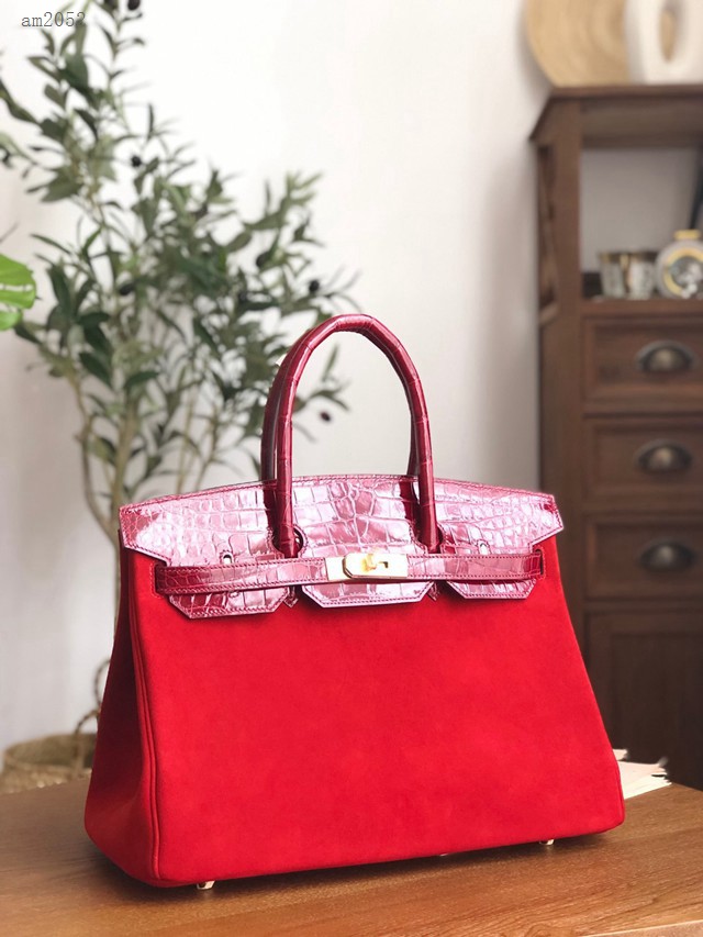 Hermes女包 愛馬仕經典款brikin包 手工蠟線縫製 鱷魚皮拼麂皮 金扣 Hermes拼色手提女包  am2052