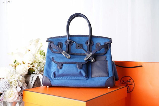 Hermes包包 愛馬仕新款Birkin包 帆布拼接滑皮Swift Cargo布包 男女同款通用  am2105