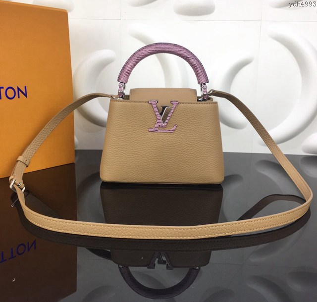 lv路易威登專櫃2022新款CAPUCINES迷你手袋 lv粒紋Taurillon小公牛皮手提包 N94047流金色 ydh4993