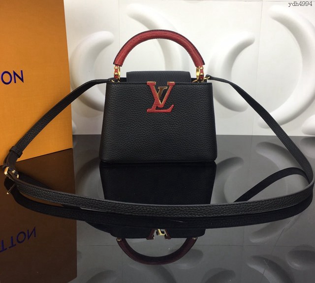 lv路易威登專櫃2022新款CAPUCINES迷你手袋 lv粒紋Taurillon小公牛皮手提包 N94048黑色 ydh4994