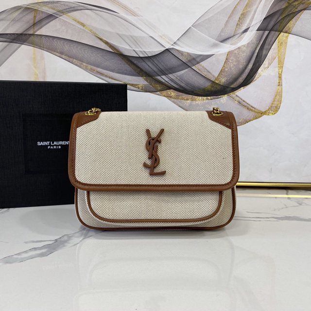 YSL专柜款女包 聖羅蘭經典款小牛皮配帆布小號郵差包 YSL肩背斜挎包 533037  jjh1100