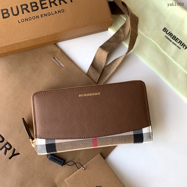 Burberry專門店新款House格紋拼粒紋皮革拉鏈錢包 巴寶莉男女款拉鏈長夾錢包 yxb1009