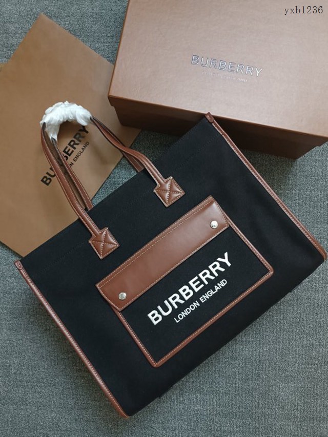 Burberry專門店新款雙色帆布拼皮托特包 巴寶莉手提肩背大號購物袋 yxb1236