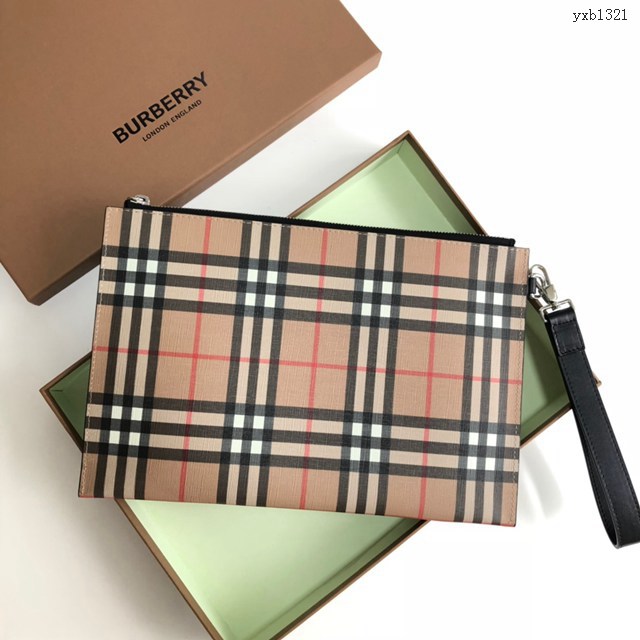 Burberry專門店新款男士手拿包 巴寶莉格紋環保帆布拉鏈收納袋 yxb1321
