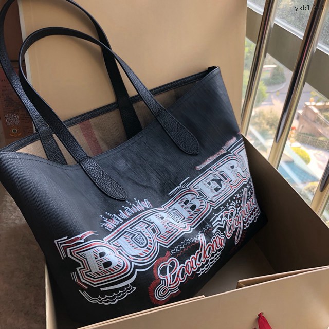 Burberry專門店新款雙面兩用托特包 巴寶莉塗鴉圖案手提購物袋 yxb1358