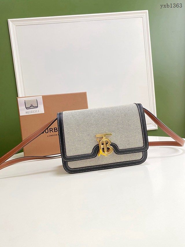 Burberry專門店新款小號TB專屬標識雙色帆布拼皮鎖扣包 巴寶莉經典款女士單肩包 yxb1363
