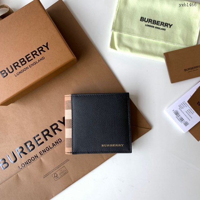 Burberry專門店新款短夾 巴寶莉小牛皮拼格紋男士短夾錢包 yxb1466