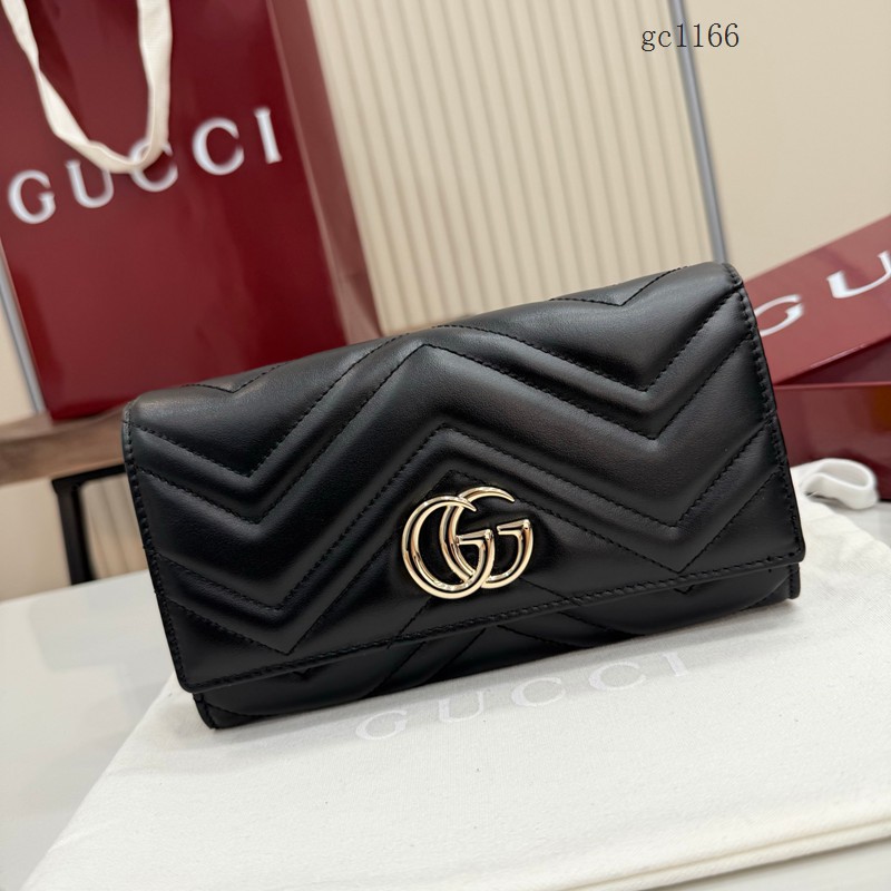Gucci專櫃絎縫V型翻蓋女士錢夾零錢包 古馳Marmont系列長款全皮錢包 443436  gc1166