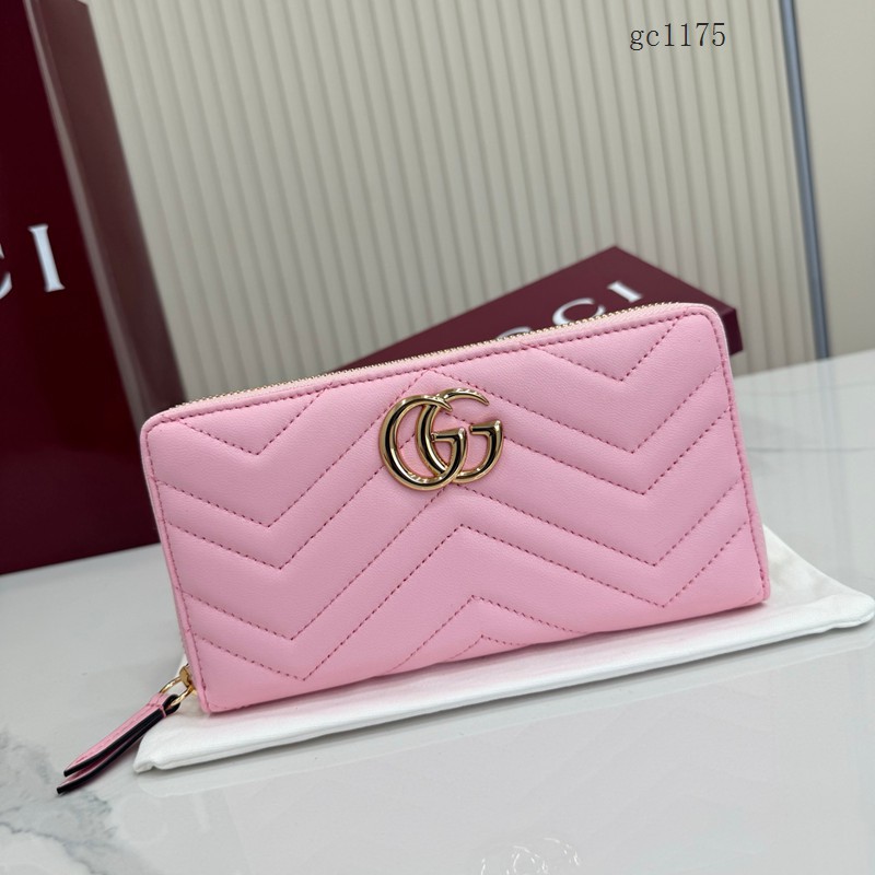 Gucci專櫃絎縫V型全皮零錢包 古馳Marmont系列女士長款拉鏈錢包 443123  gc1175