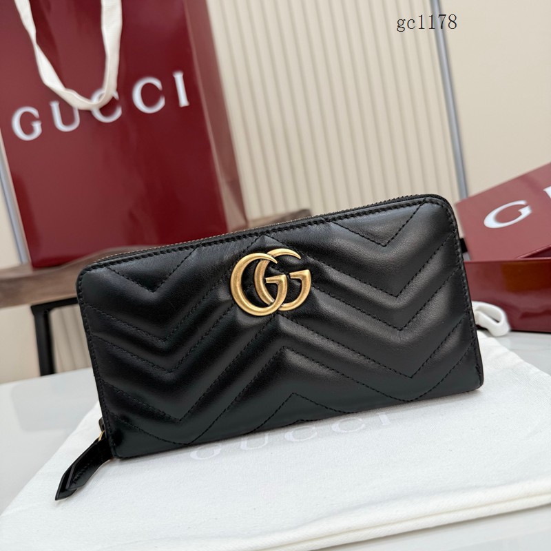 Gucci專櫃絎縫V型全皮零錢包 古馳Marmont系列女士長款拉鏈錢包 443123  gc1178