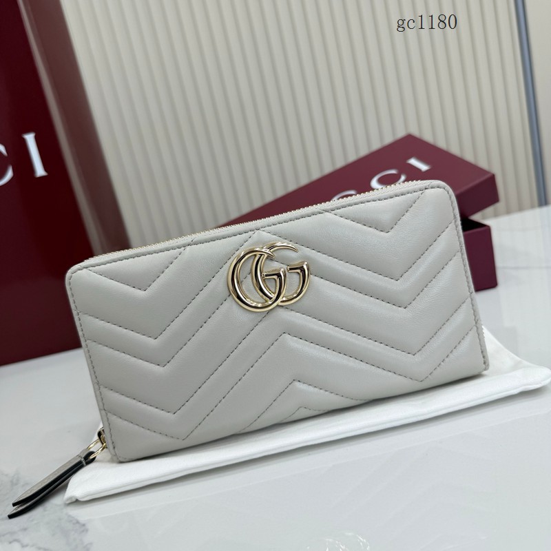 Gucci專櫃絎縫V型全皮零錢包 古馳Marmont系列女士長款拉鏈錢包 443123  gc1180