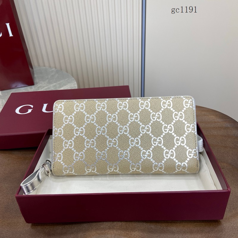 Gucci專櫃雙G銀色印花全皮拉鏈零錢包 古馳Emblem系列女士長款錢包 819122  gc1191