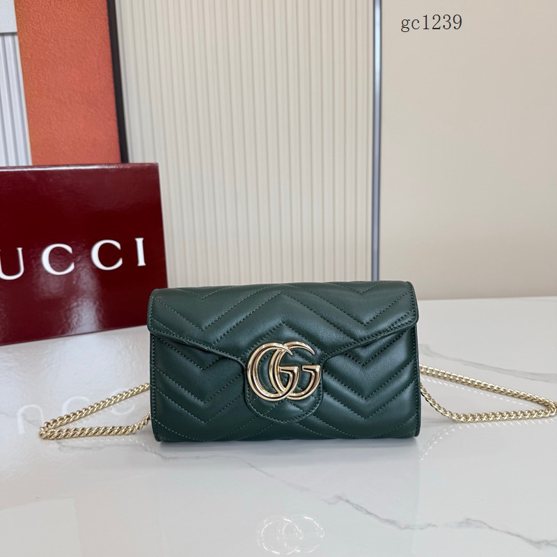 Gucci專櫃絎縫v形翻蓋雙G鏈條包 古馳Marmont系列鏈式錢包單肩斜挎包 837745  gc1239
