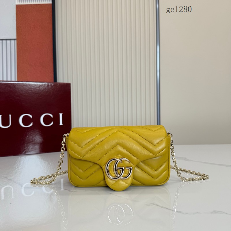 Gucci專櫃菱格絎縫羊皮鏈條包 古馳Marmont系列女士磁吸翻蓋單肩斜挎包 841290  gc1280