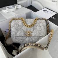 Chanel專櫃秋冬系列19bag AS1160毛呢印花 香奈兒三拼色五金鏈條單肩斜挎手提女包 djc5350