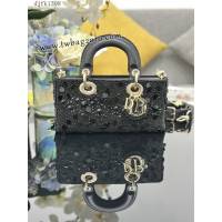 Dior专柜新款迪奥高仿原单Lady D-Joy小号刺绣珠片黑色手提包 djfk1398