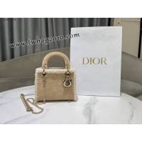 Dior专柜新款Lady女包迪奥高仿原单三格Lady Dior手袋米色绒面革米白色羊皮革皮毛一体 djfk1484