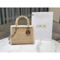 Dior专柜新款迪奥高仿原单五格Lady Dior手袋米色绒面革米白色羊皮革皮毛一体 djfk1486