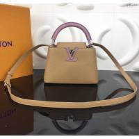lv路易威登專櫃2022新款CAPUCINES迷你手袋 lv粒紋Taurillon小公牛皮手提包 N94047流金色 ydh4993