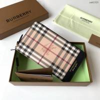 Burberry專門店新款男士拉鏈長夾錢包 巴寶莉Haymarket格紋拼皮革大號拉鏈錢夾 yxb1019