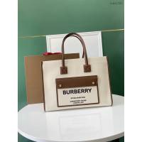 Burberry專門店新款手提女包購物袋 巴寶莉大號雙色帆布拼皮皮革Freya義大利精製托特包 yxb1285