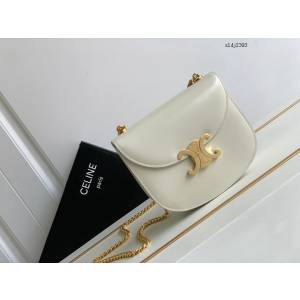 Celine專櫃2023新品TEEN BESACE TRIOMPHE鏈條亮澤牛皮革手袋 賽琳白色全皮凱旋門馬鞍包 sldj2393