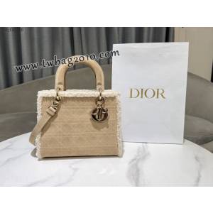 Dior专柜新款迪奥高仿原单五格Lady Dior手袋米色绒面革米白色羊皮革皮毛一体 djfk1486