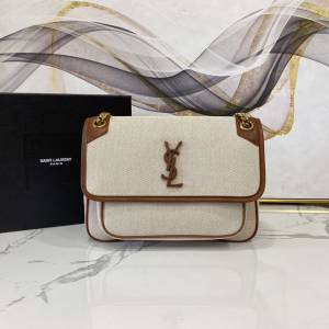 YSL专柜款女包 聖羅蘭經典款小牛皮配帆布中號郵差包 YSL肩背斜挎包 498894  jjh1101