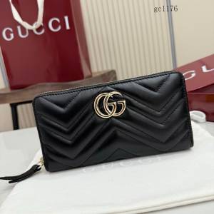 Gucci專櫃絎縫V型全皮零錢包 古馳Marmont系列女士長款拉鏈錢包 443123  gc1176